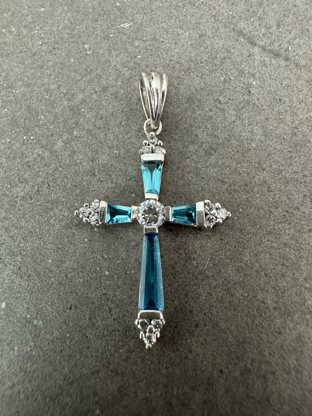 Sterling Silver Cross Pendant with Blue & Clear CZ’s
